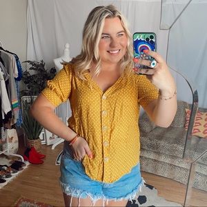 anthropolgie maeve yellow polka dot blouse